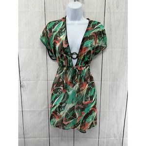 Becca Plunge Neck with Ring Cap Sleeve With Waist Tie Swim Cover M/L EUC